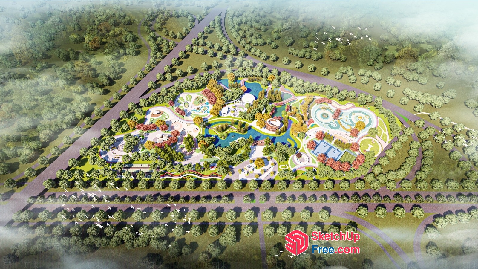 Serene Landscape Park With Vibrant Water Features And Lush Greenery 3D SketchUp File
