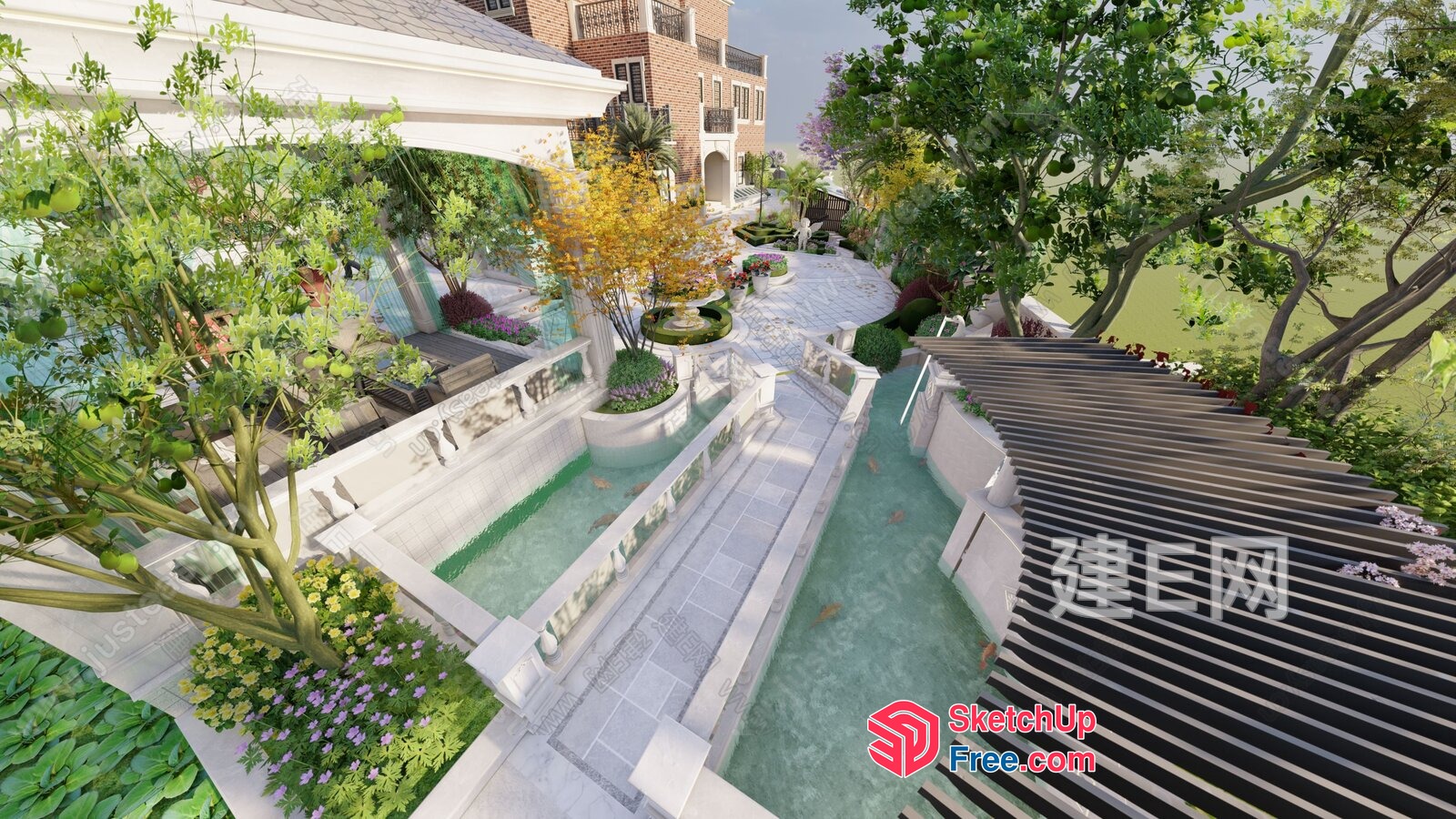 Elegant Outdoor Oasis With Serene Water Features And Lush Greenery 3D SketchUp File