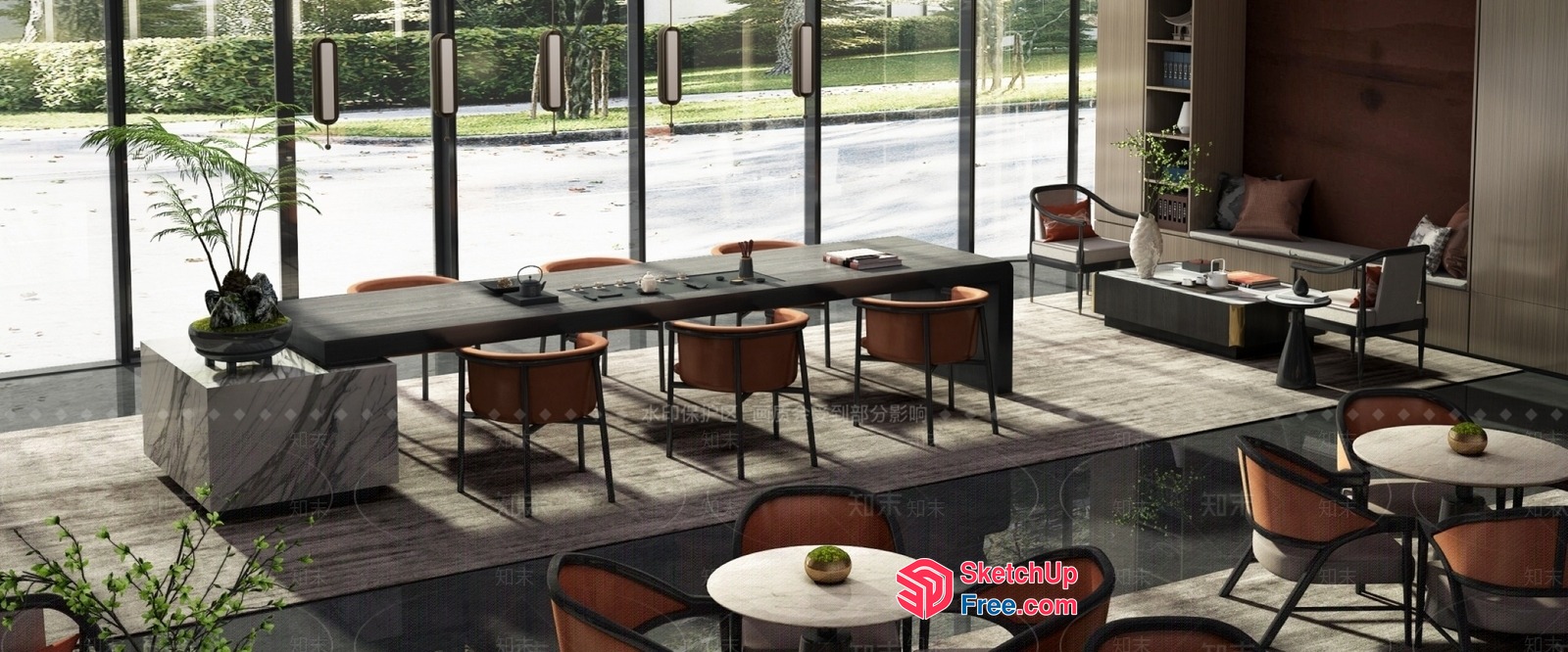 Elegant Modern Dining Room With Large Windows And Plants 3D SketchUp File
