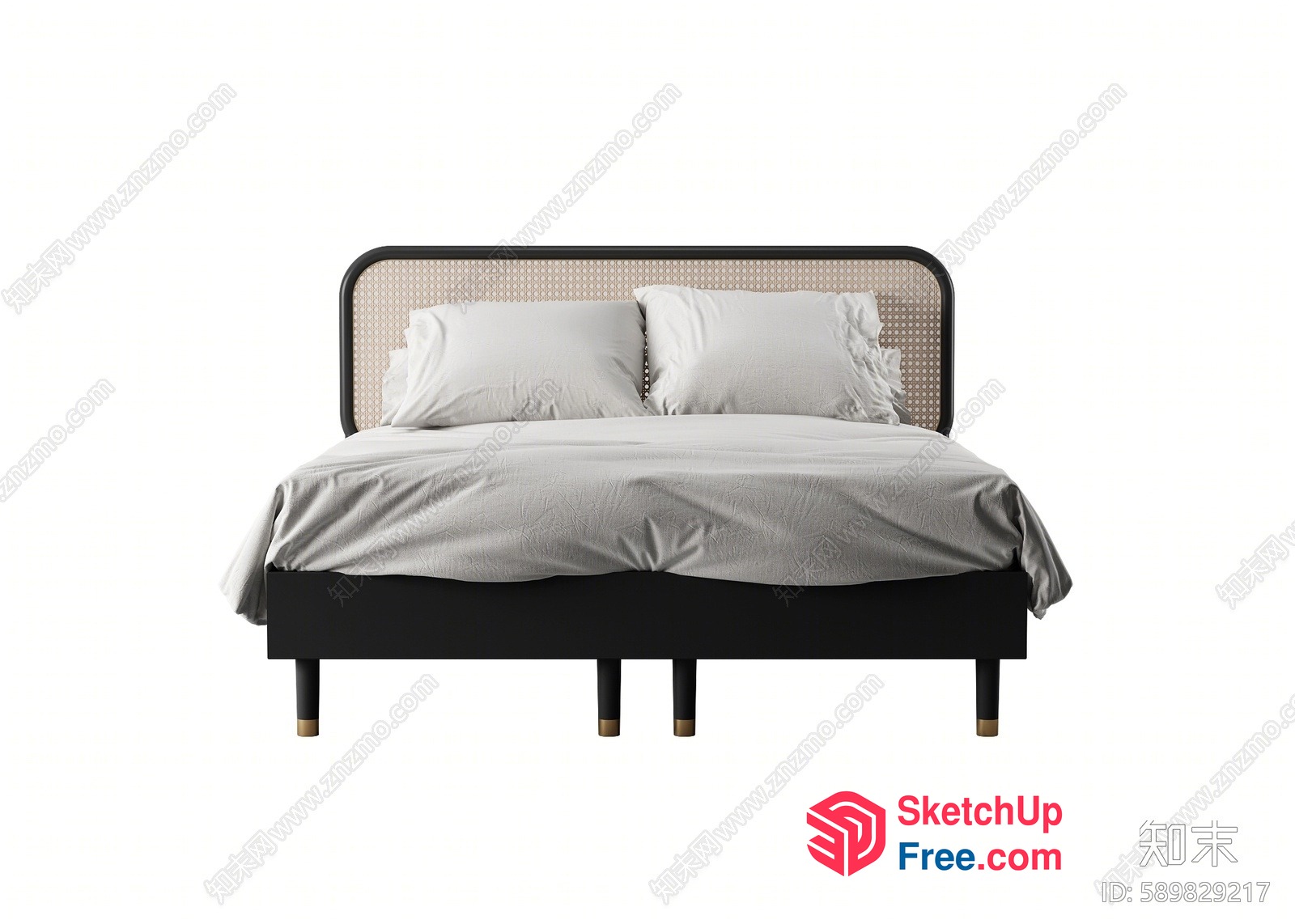 Elegant Black Bed With Rattan Headboard 3D SketchUp File