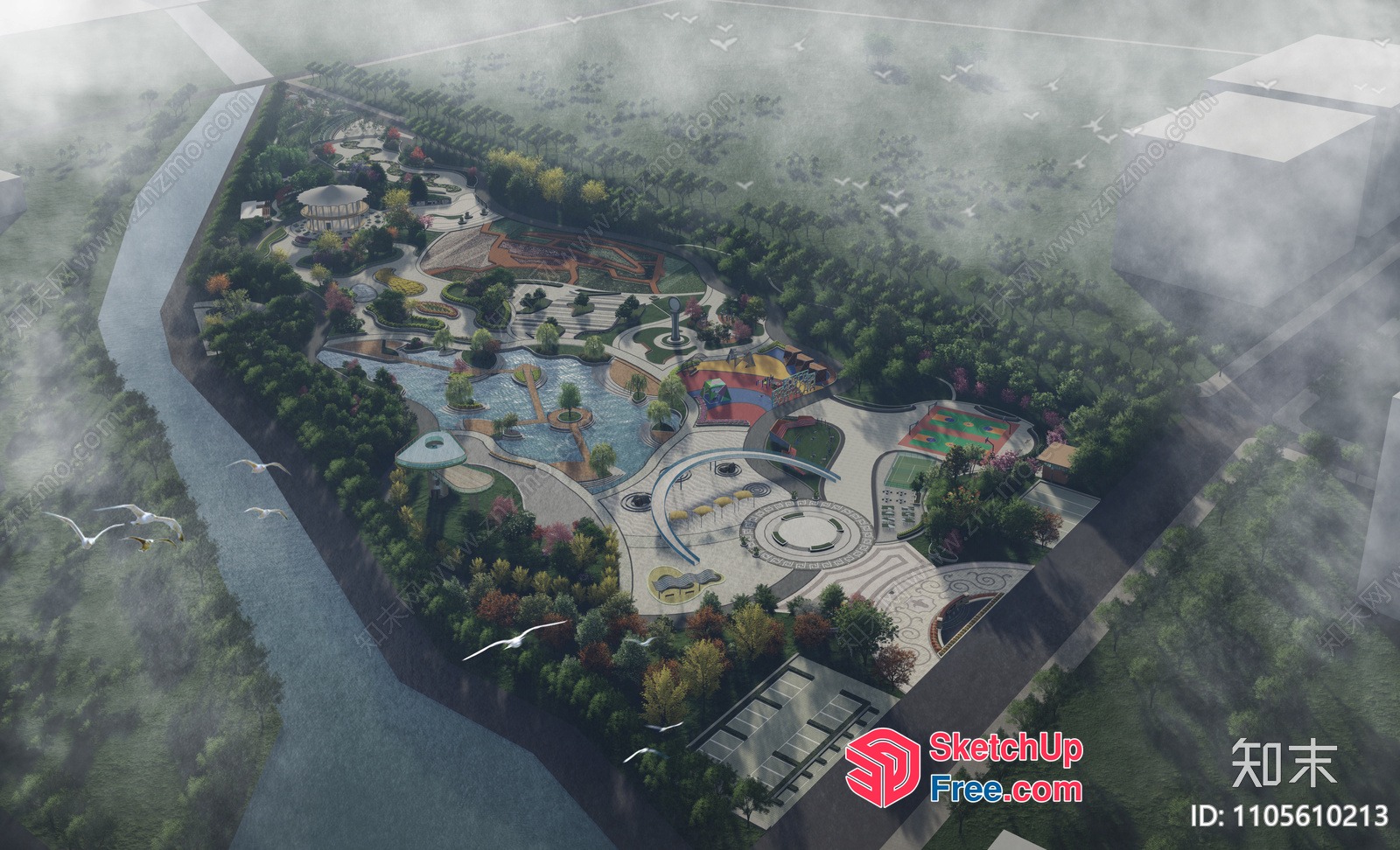 Aerial View Of A Serene Park With A Pond And Walking Paths 3D SketchUp File