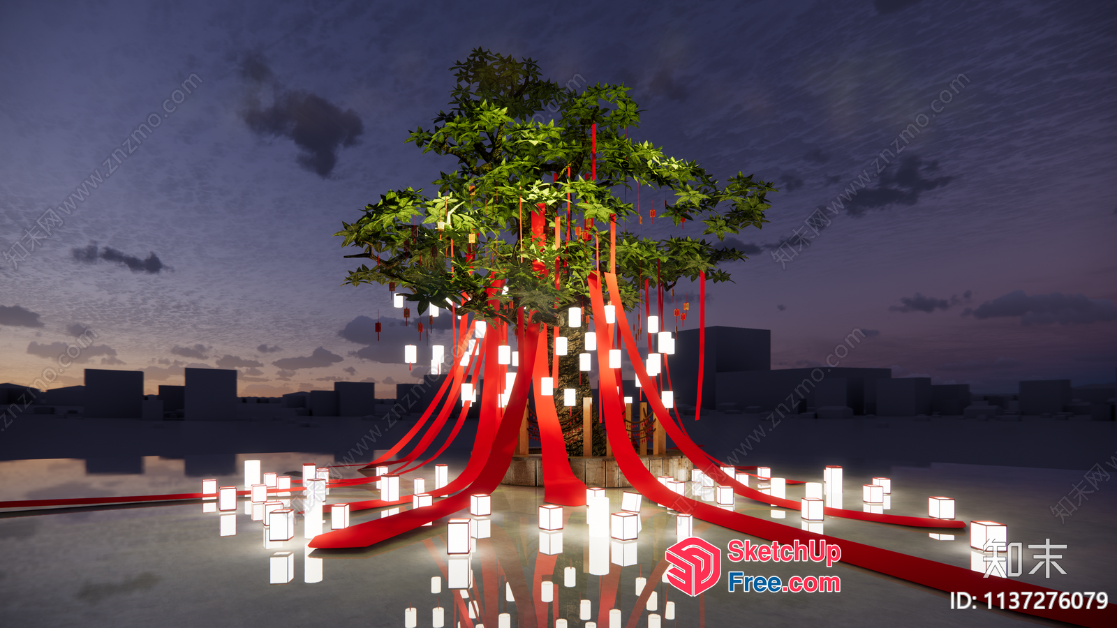 Decorative Tree With Red Ribbons And Lanterns 3D SketchUp File