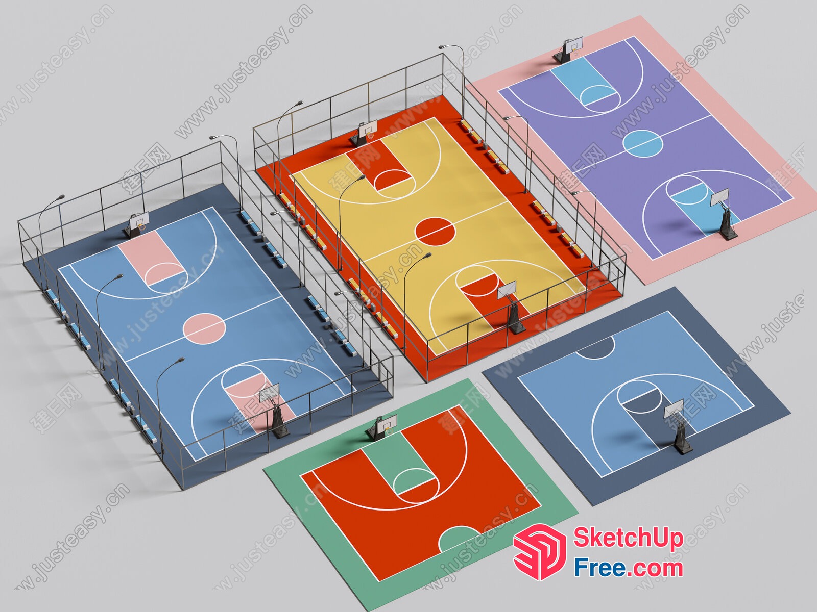 Five Colorful Basketball Courts With Black Fences 3D SketchUp File