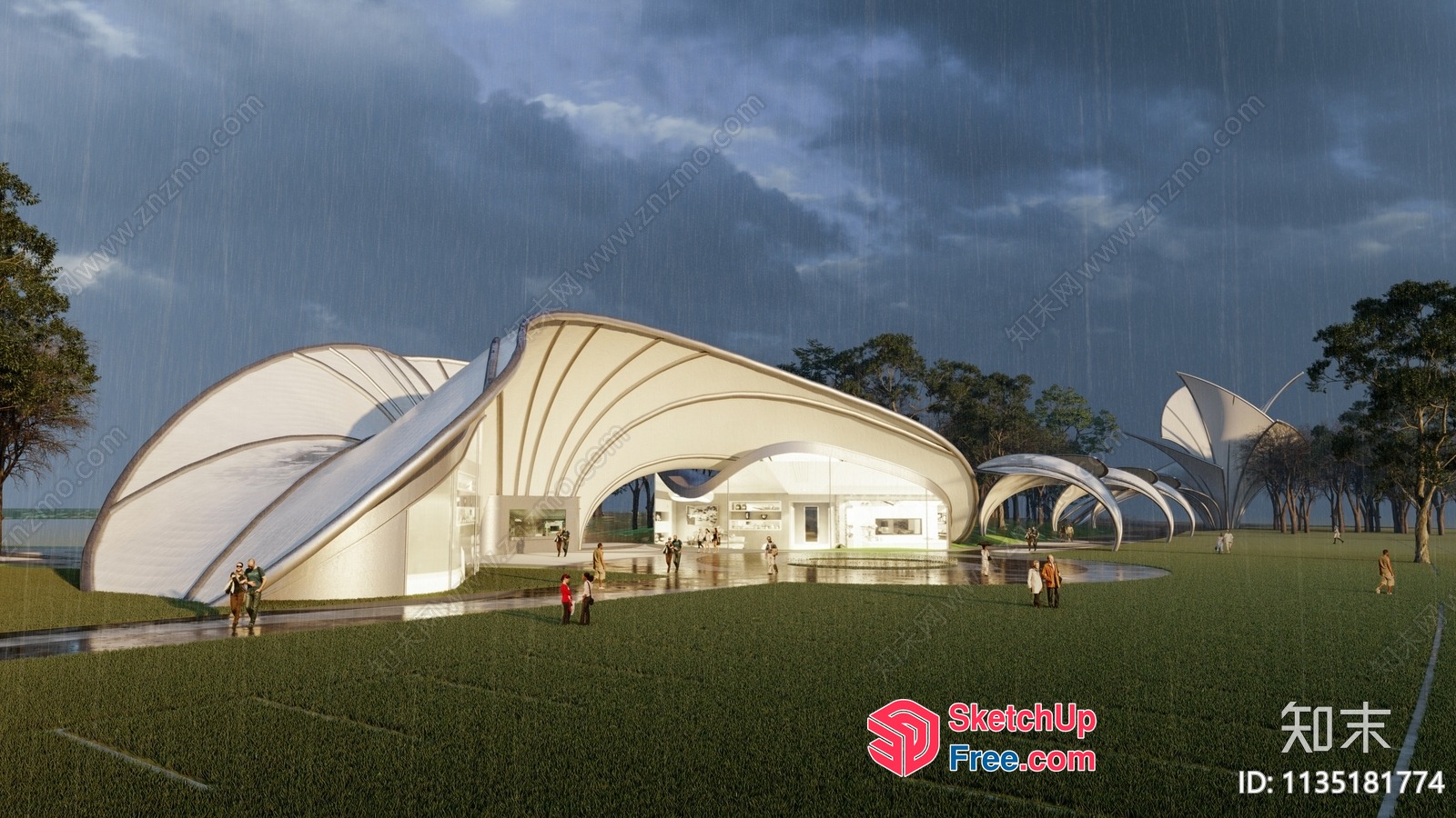 Futuristic White Building With Curved Lines And Green Grass 3D SketchUp File