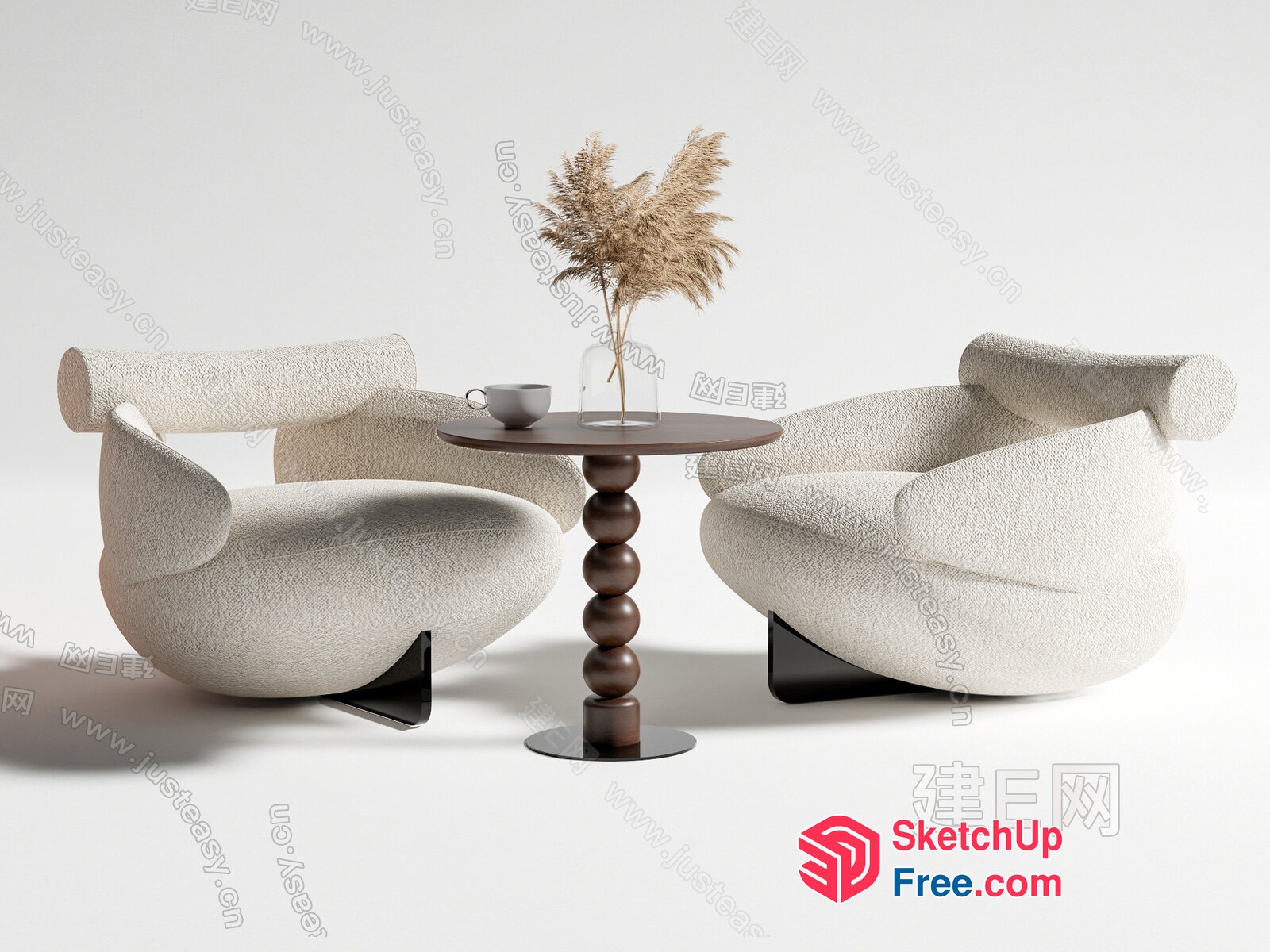 Modern Minimalist Creamy Style Living Room Chairs And Table 3D SketchUp File