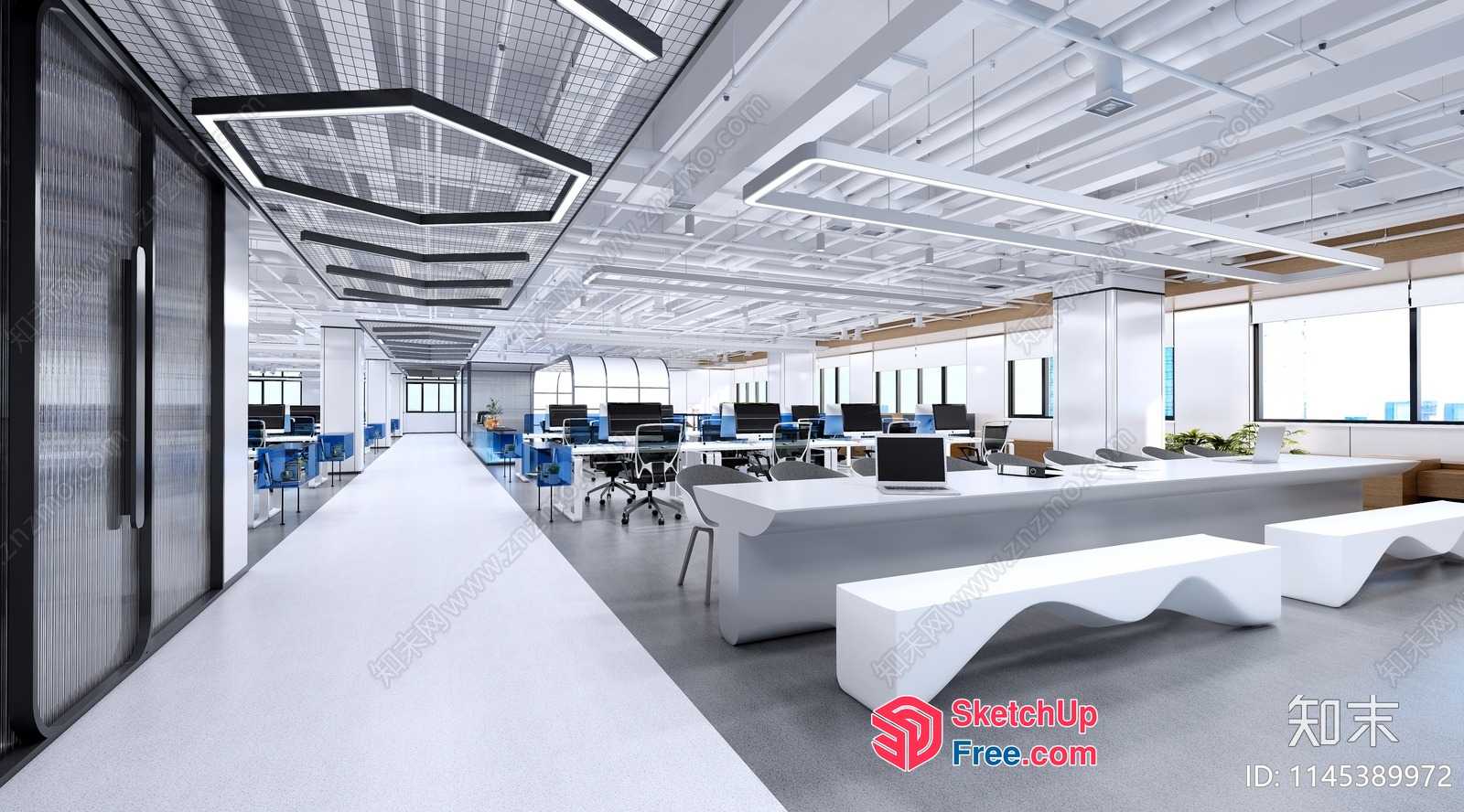 Modern Office Space With Sleek White Furniture And Grey Flooring 3D SketchUp File