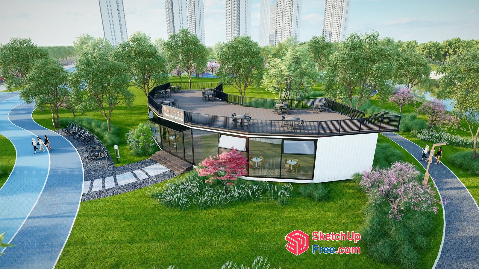 Modern Office Building With Glass Curtain Wall And Railing 3D SketchUp File