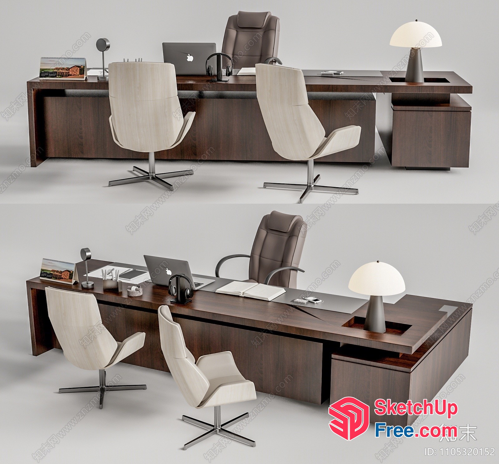 Modern Office Furniture With Brown Desk And White Chairs 3D SketchUp File