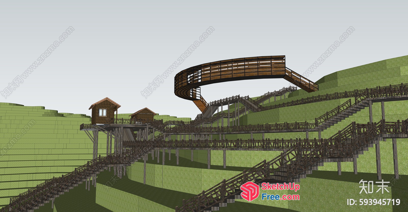 Curved Staircase And Wooden Walkway 3D SketchUp File