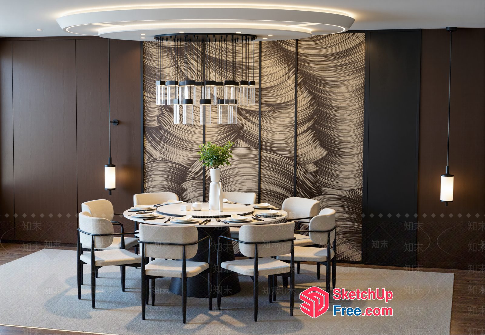 Elegant Dining Room With Modern Chandelier And Table Set 3D SketchUp File