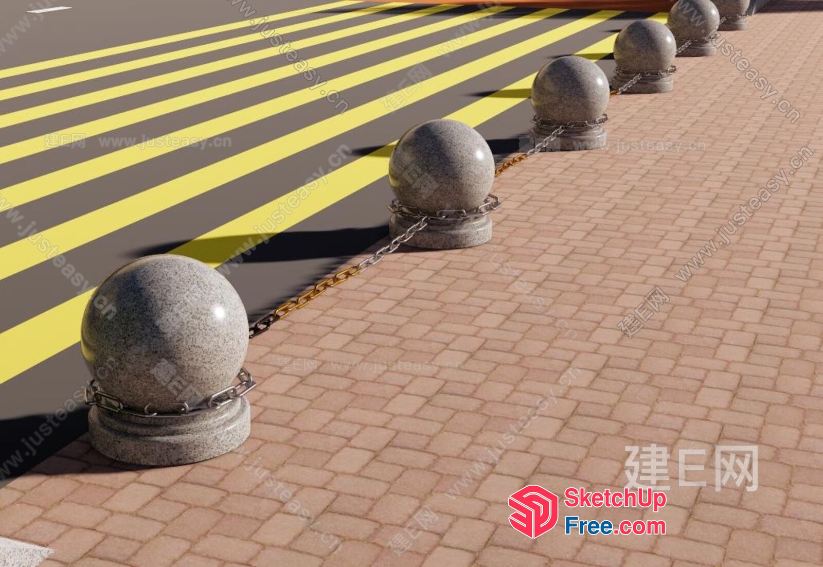 Stone Pillars Along Yellow And Gray Striped Road 3D SketchUp File