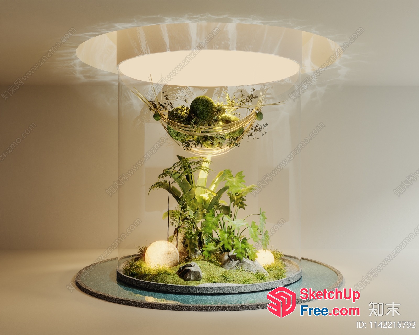 Elegant Glass Terrarium With Lush Greenery And Stones 3D SketchUp File