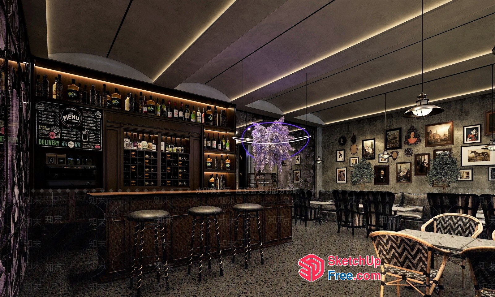 Modern Bar Interior With Dark Wood Accents 3D SketchUp File
