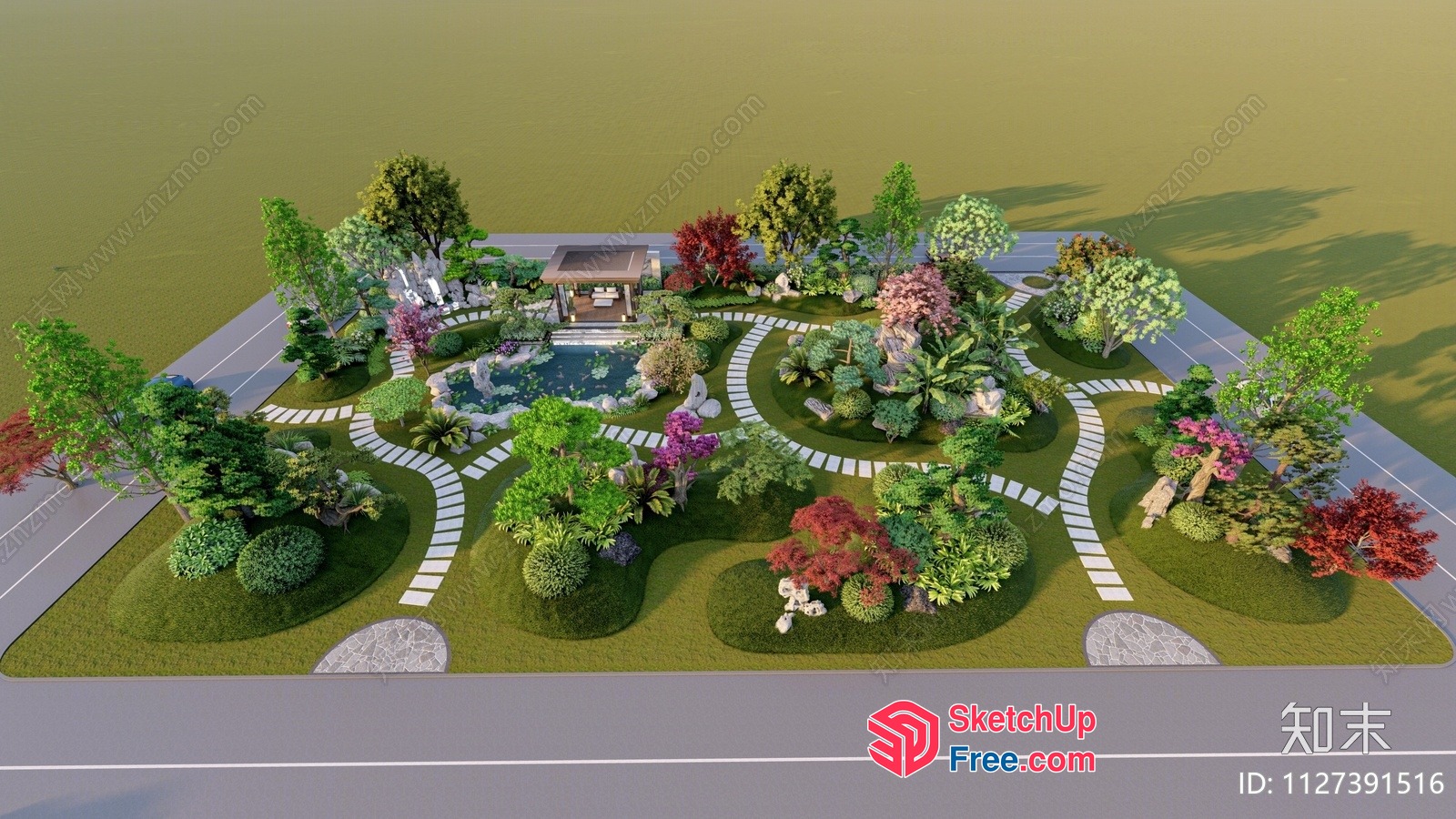 Japanese Style Garden With Pavillion And Pond 3D SketchUp File
