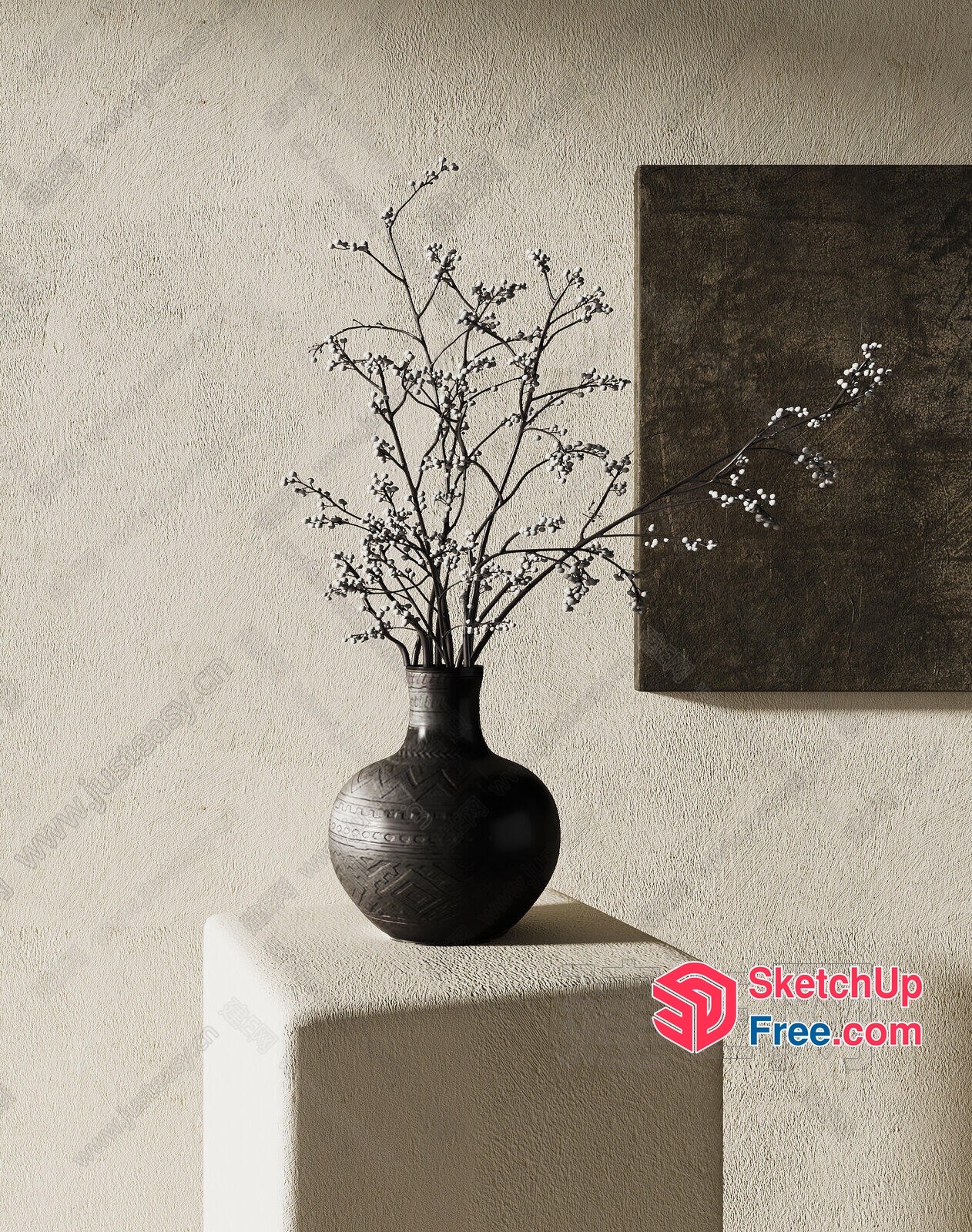 Black Vase With Embossed Design On A Beige Pedestal 3D SketchUp File