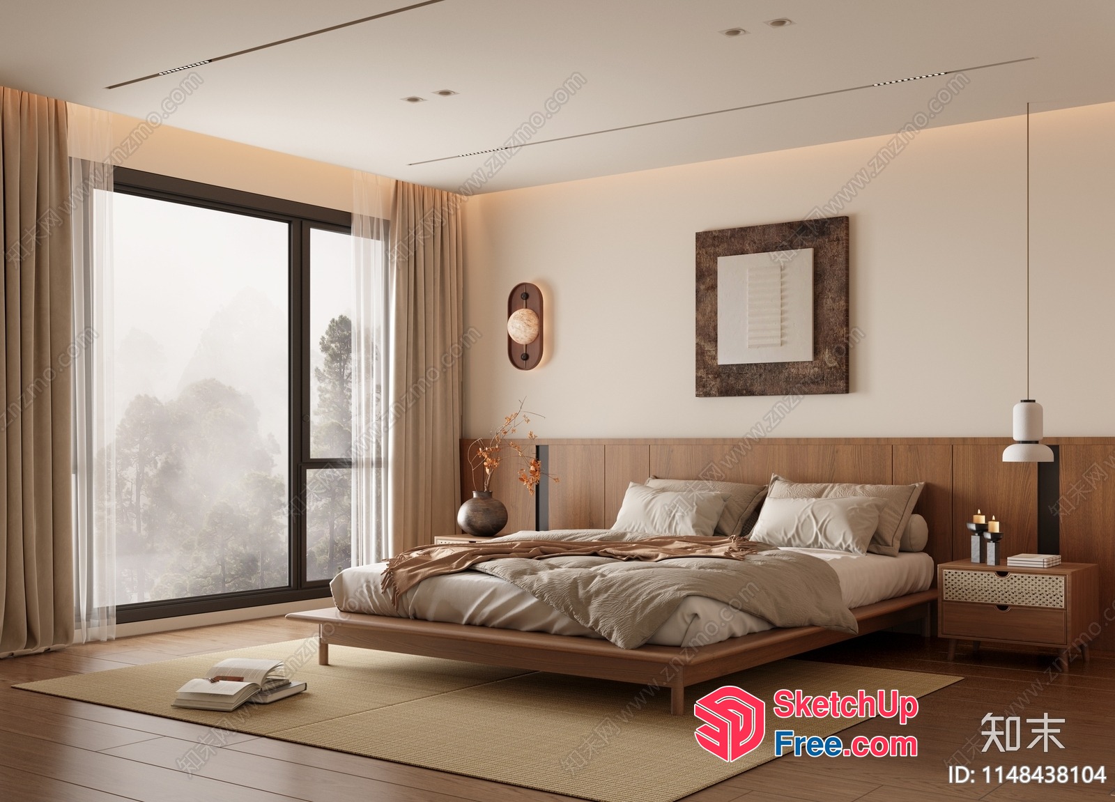 Modern Minimalist Japanese Style Bedroom With Natural Wood Accents 3D SketchUp File