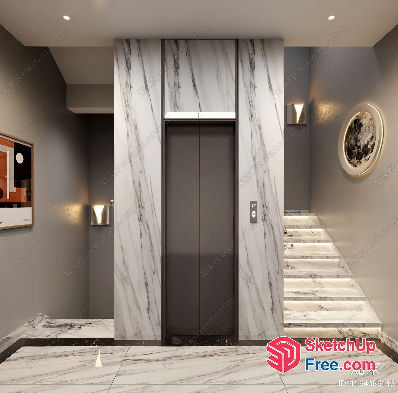 Marble Staircase And Elevator Interior 3D SketchUp File