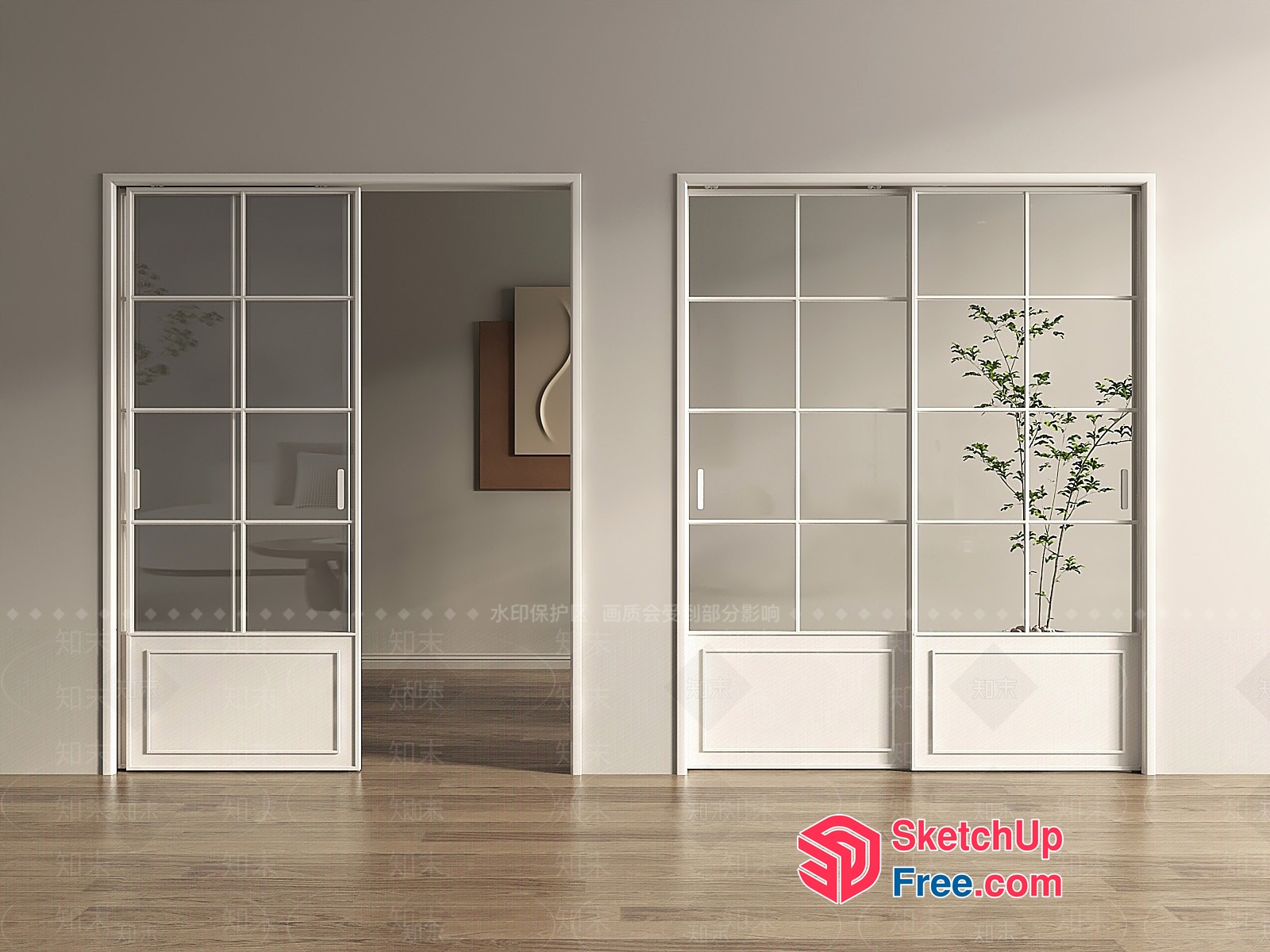 Modern White Sliding Glass Doors With Plants 3D SketchUp File
