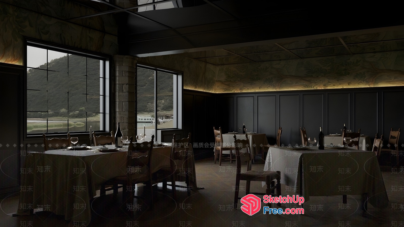 Elegant Dark Dining Room With Table Settings And Natural Light 3D SketchUp File