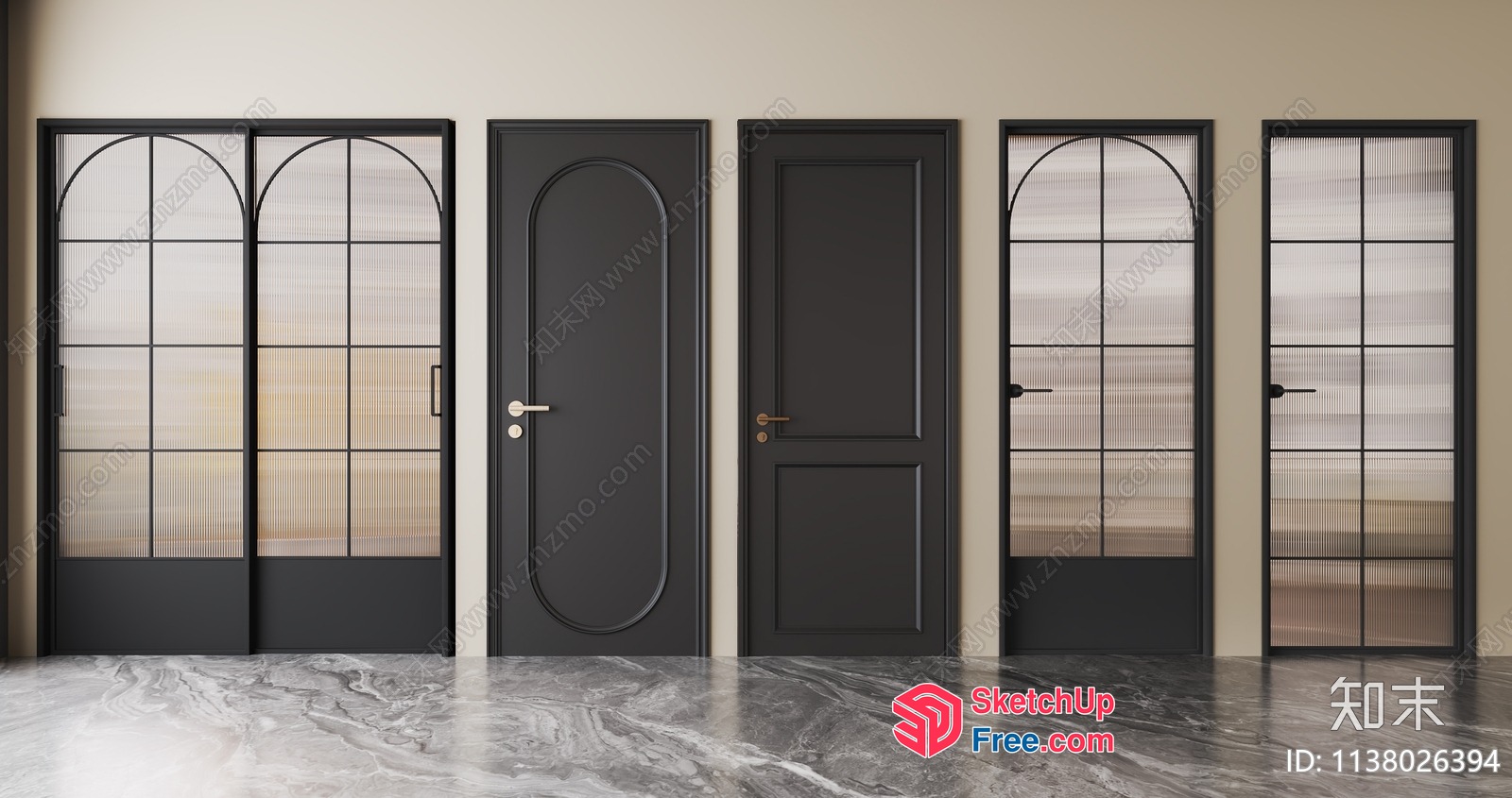 Modern Black Doors With Arched Windows And Marble Floor 3D SketchUp File
