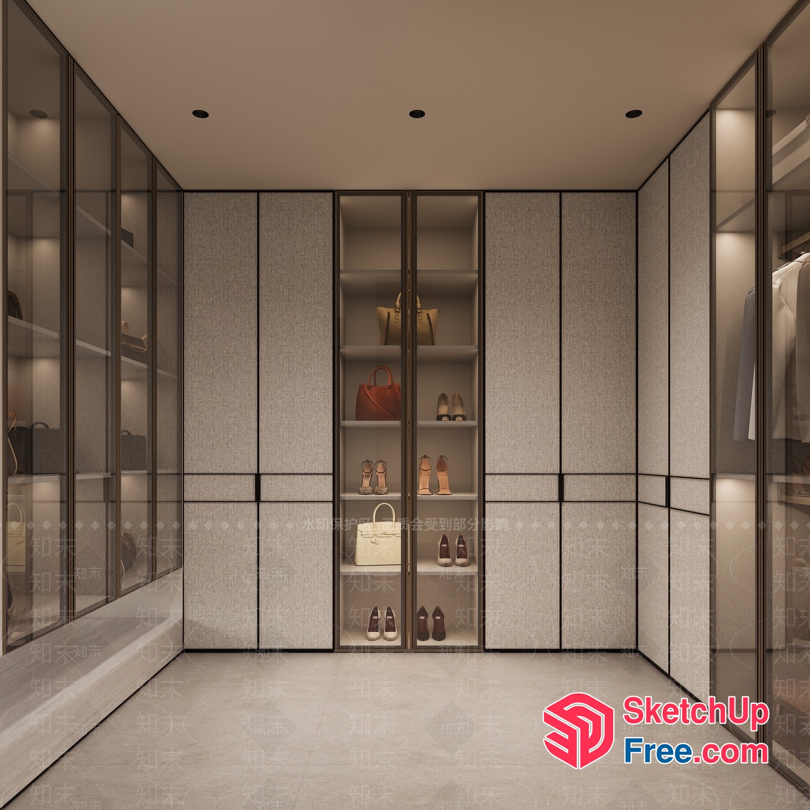 Elegant Minimalist Shoe Closet With Glass Doors And Lighting 3D SketchUp File