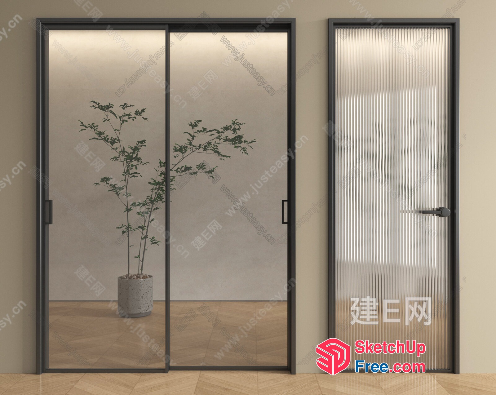 Modern Sliding Door And Potted Plant 3D SketchUp File