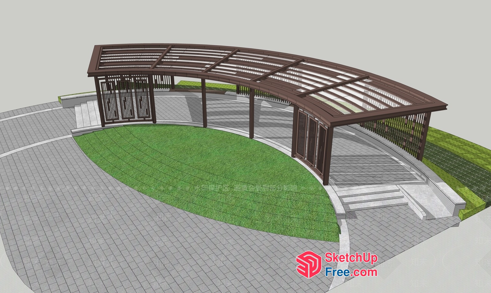 Outdoor Pergola With Stairs And Grass Area 3D SketchUp File