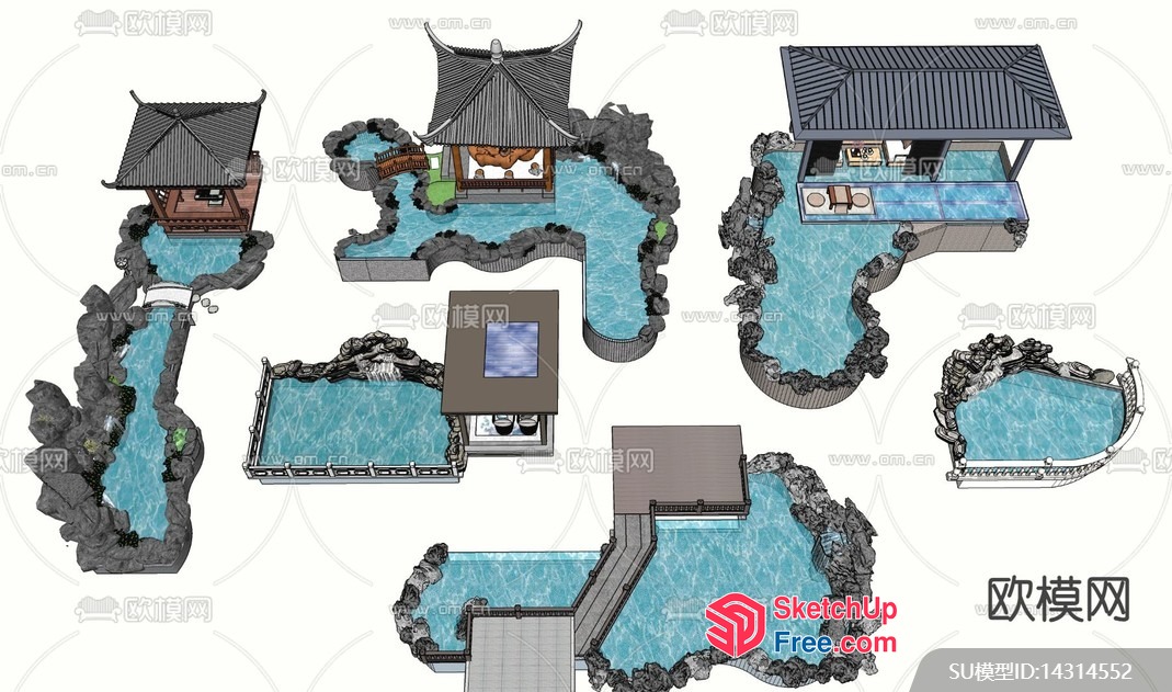 Japanese-Style Pavilion With Water Features And Rock Formations 3D SketchUp File