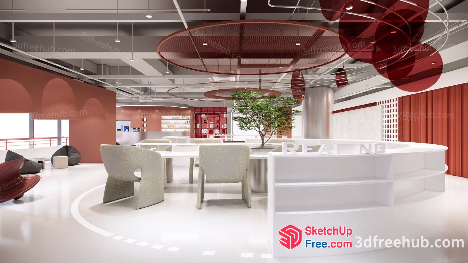 Modern Office Space With White And Red Decor 3D SketchUp File