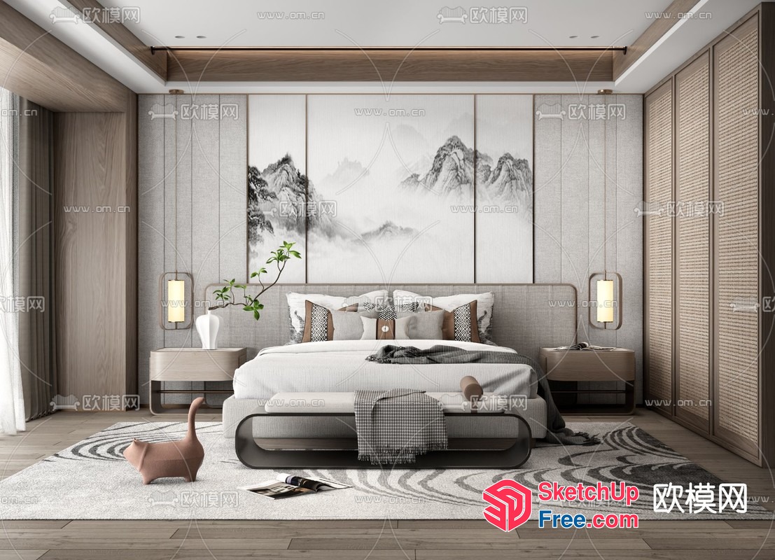 Elegant And Serene Japanese-Inspired Bedroom 3D SketchUp File