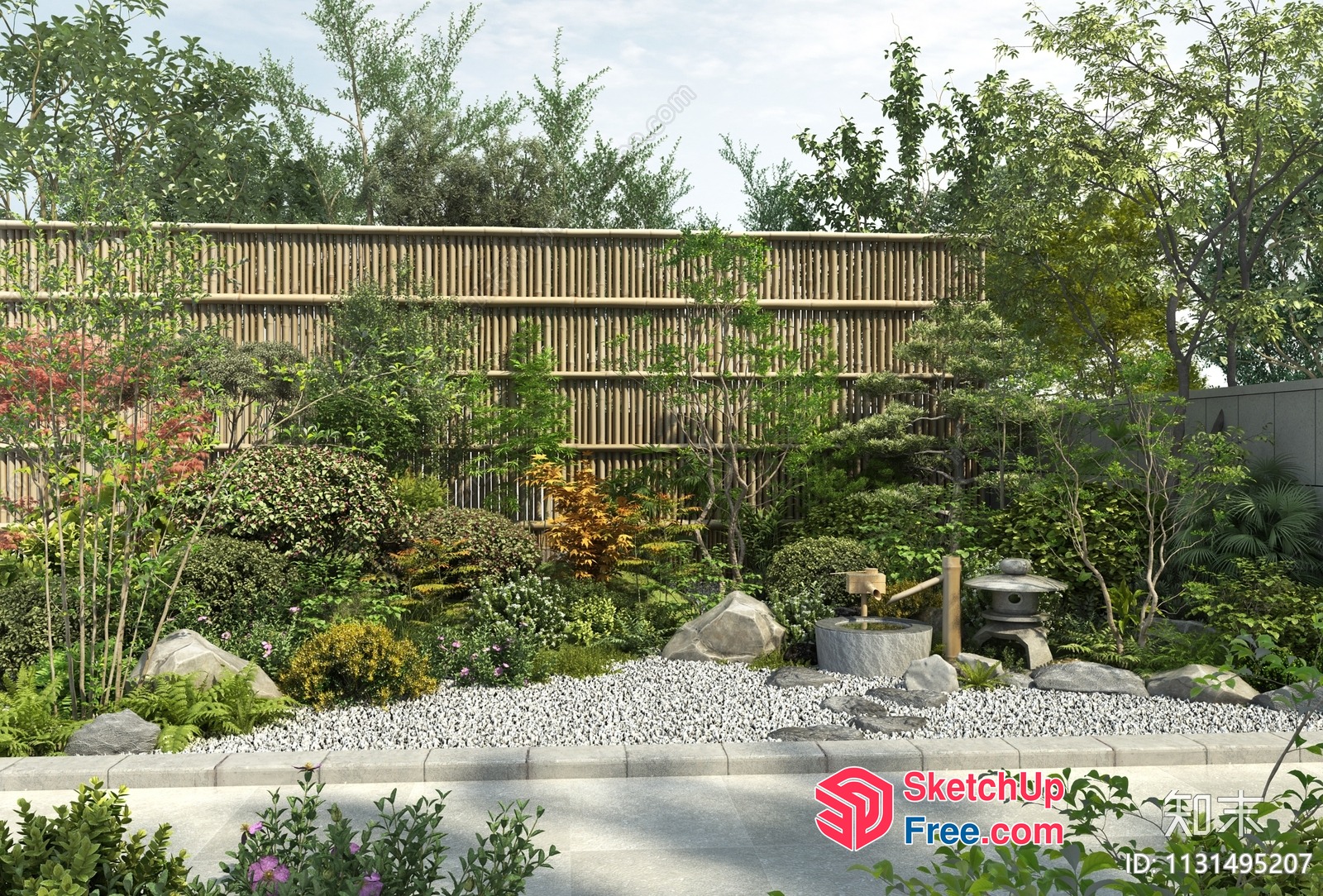 Japanese Style Garden With Traditional Stone And Bamboo Decorations 3D SketchUp File