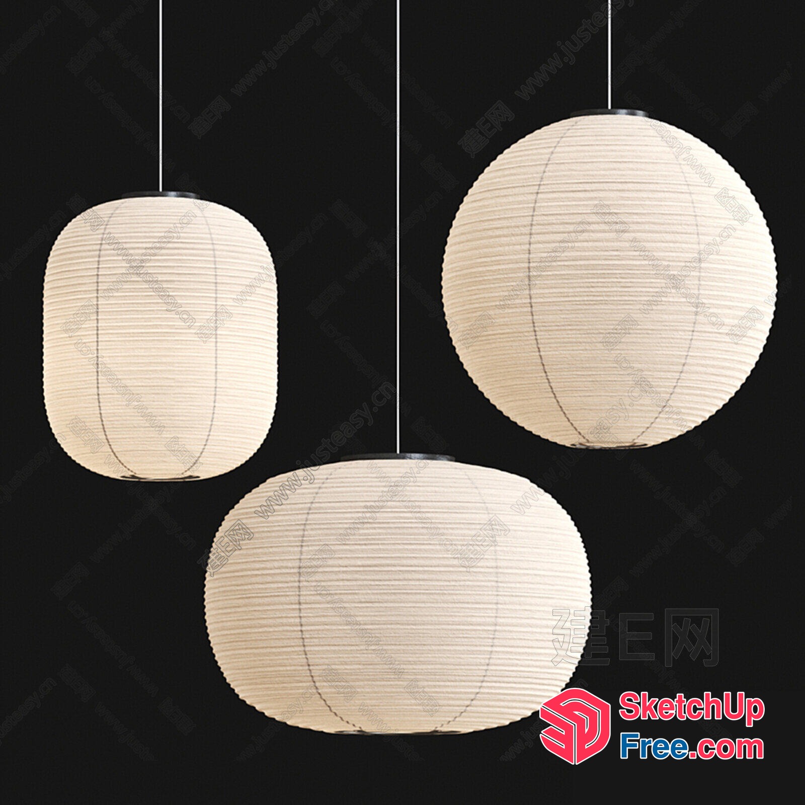 Three Hanging Japanese-Style Paper Lanterns 3D SketchUp File