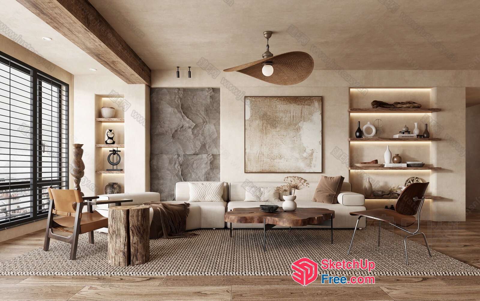 Modern Living Room With Natural Wood Accents And Neutral Color Scheme 3D SketchUp File