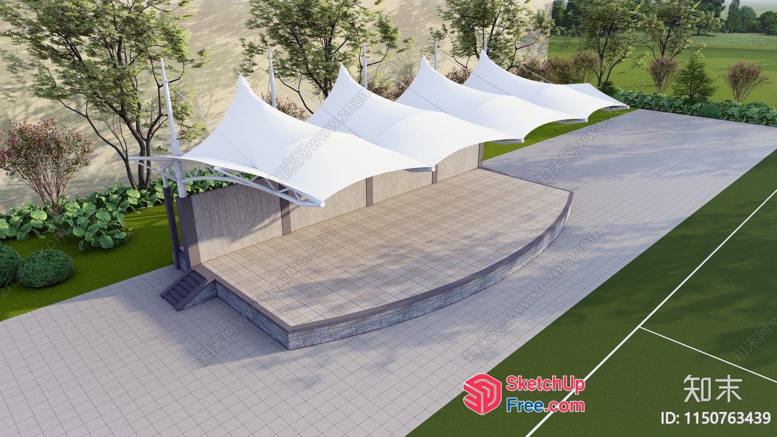 Stage With White Canopy Roof And Stone Floor 3D SketchUp File