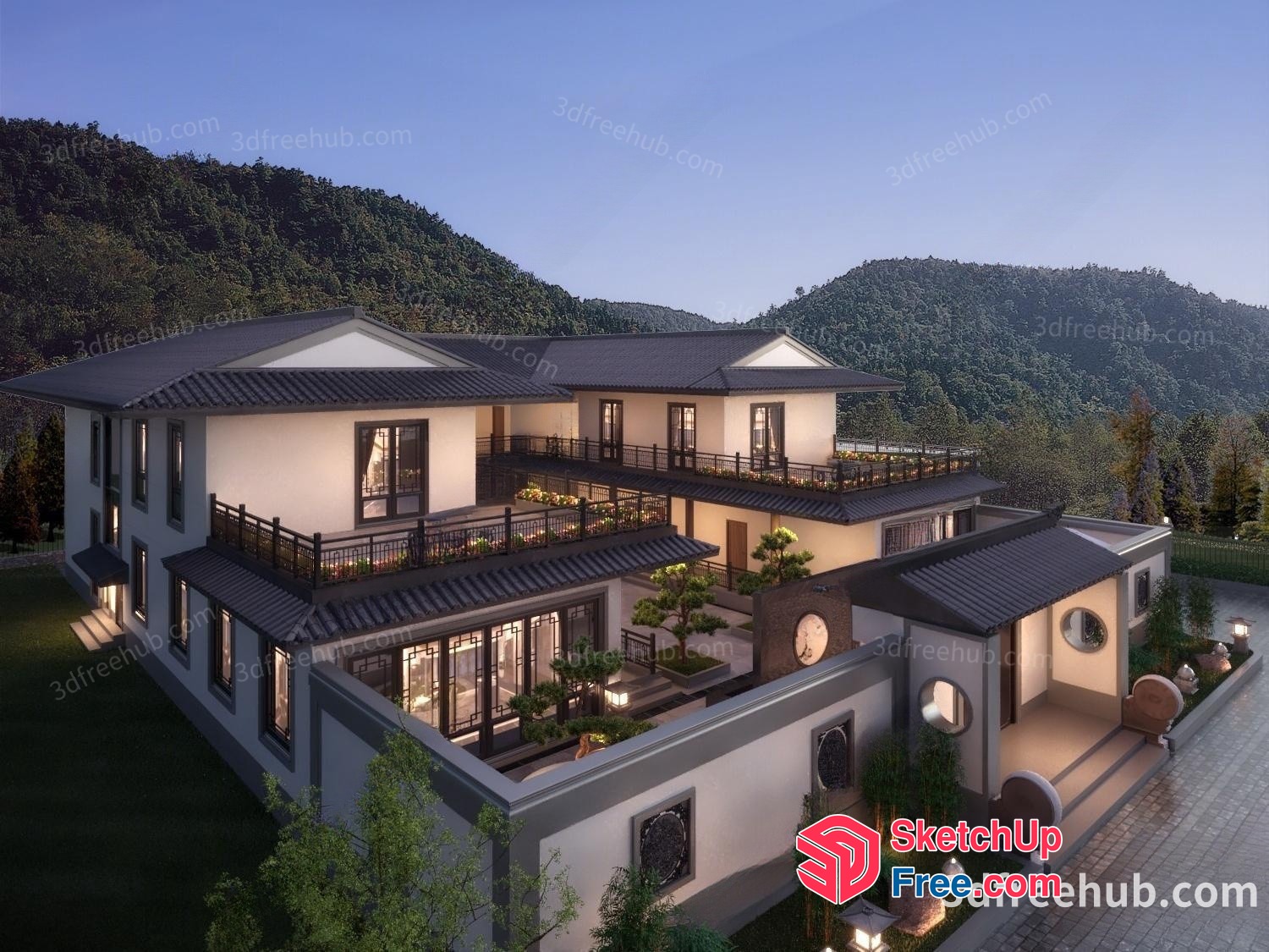 Traditional Asian Style Home With Balconies And Staircases 3D SketchUp File