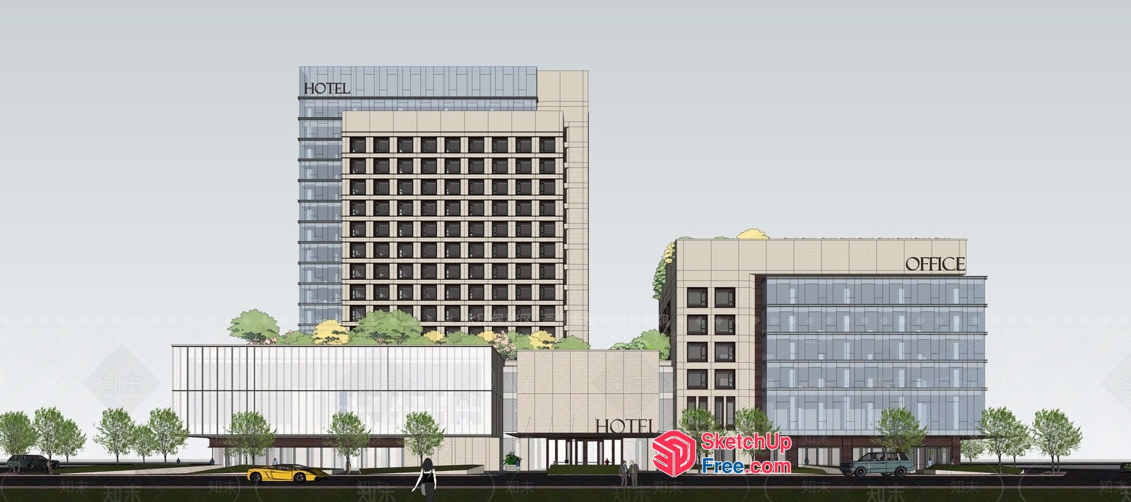 Modern Hotel Building With Glass Curtain Wall 3D SketchUp File