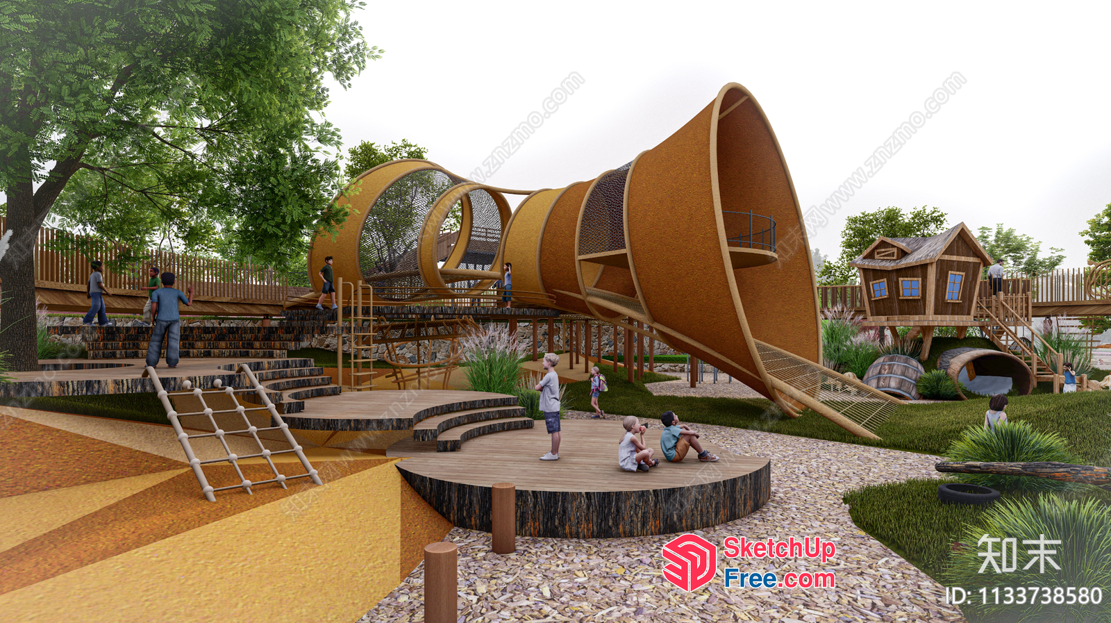 Modern Children'S Playground With Unique Slide And Treehouse 3D SketchUp File
