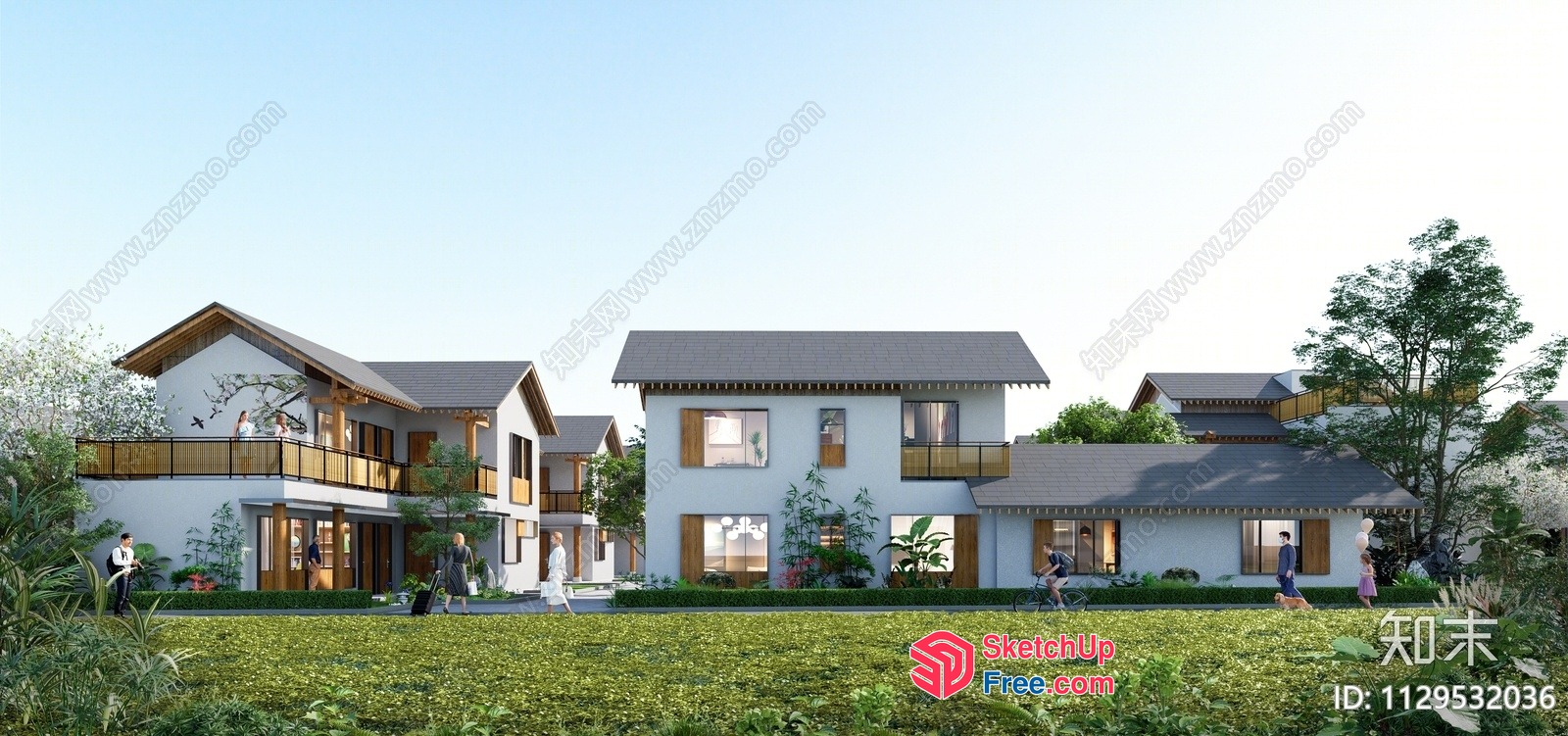 Modern White Exterior Villa With Balcony And Garden 3D SketchUp File