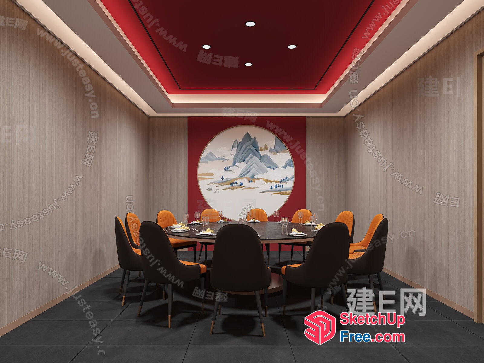 Elegant Dining Room With Circular Table And Mountain Artwork 3D SketchUp File