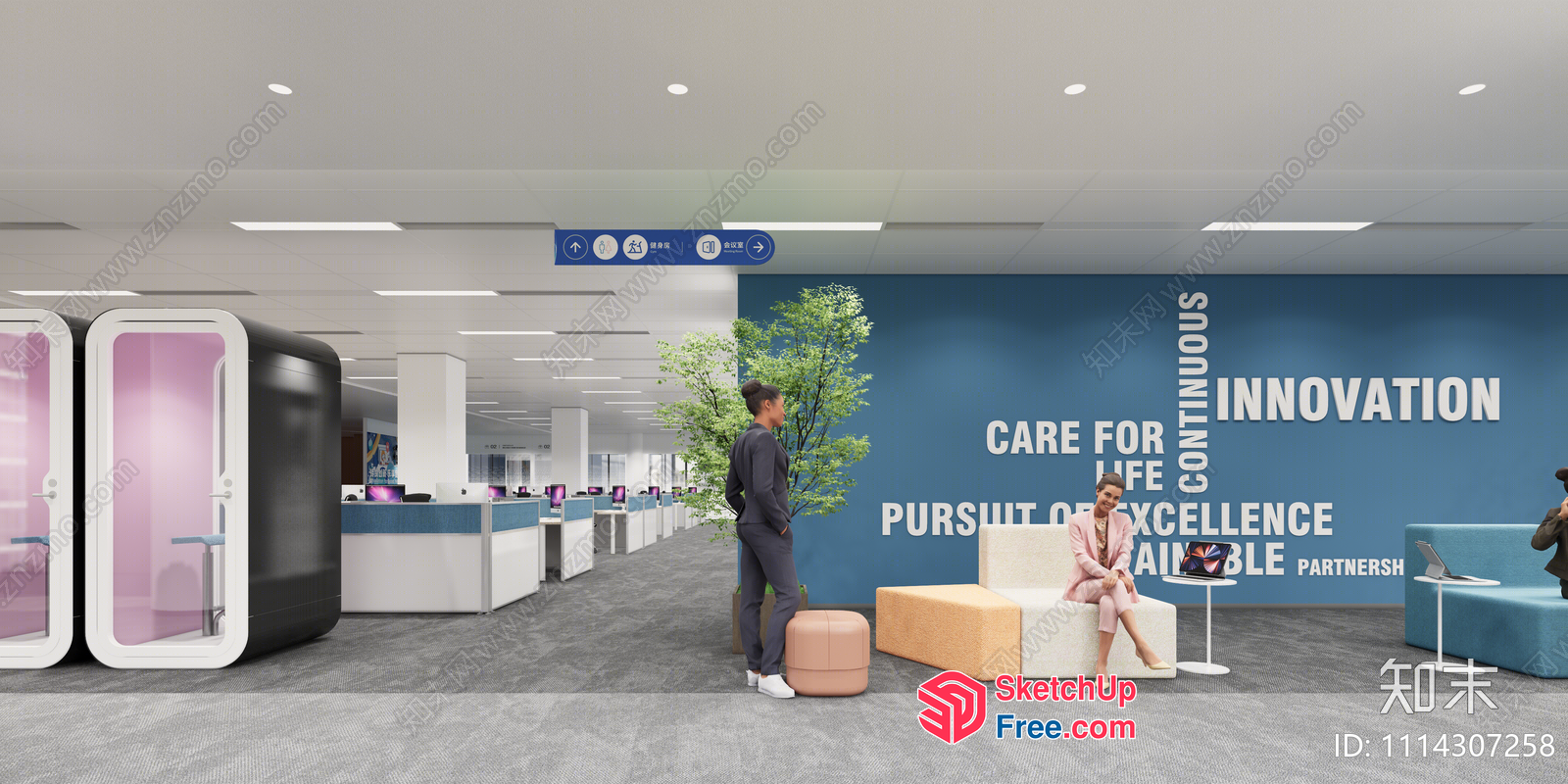 Modern Office Space With Blue Wall And White Text 3D SketchUp File
