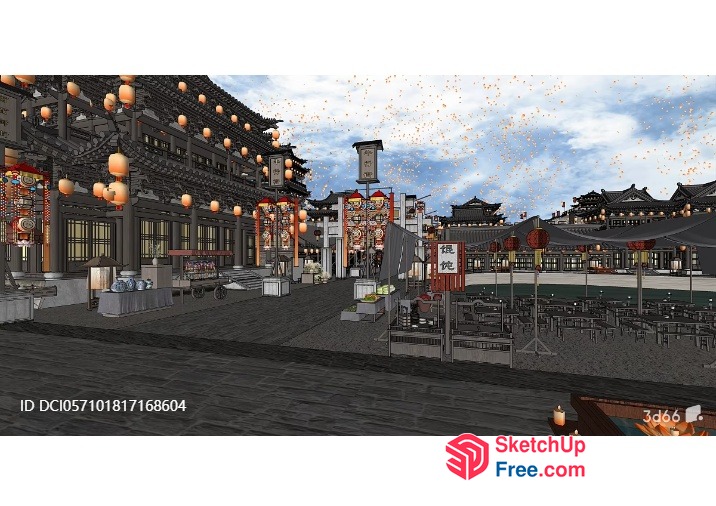 Asian-Inspired Commercial Street 3D SketchUp File