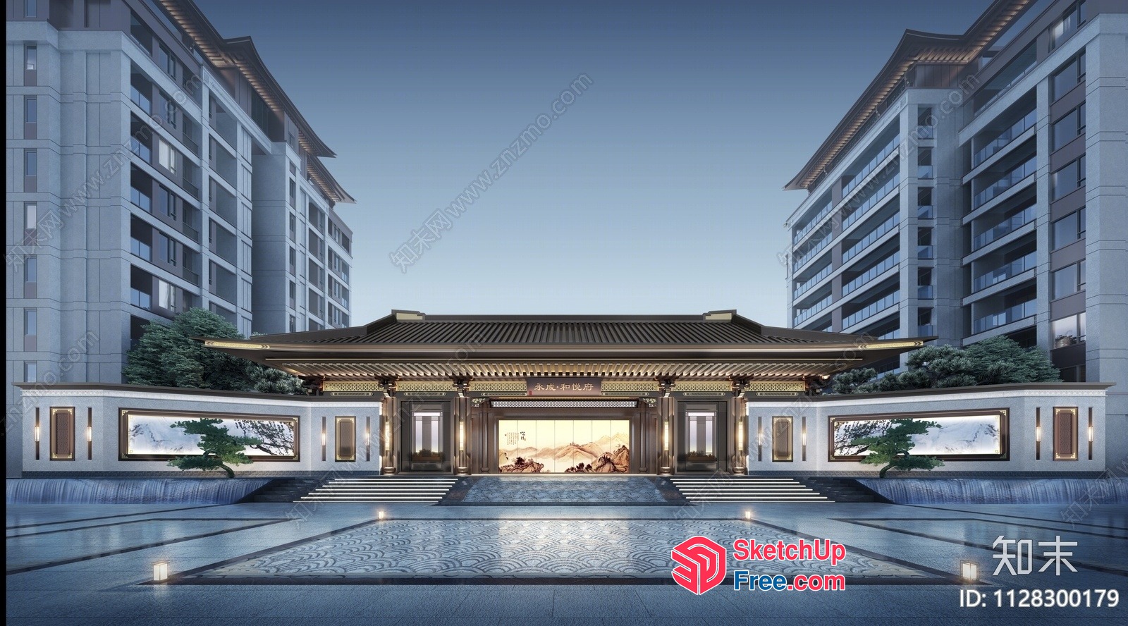 Grand Entrance With Asian-Inspired Roof And Decor 3D SketchUp File