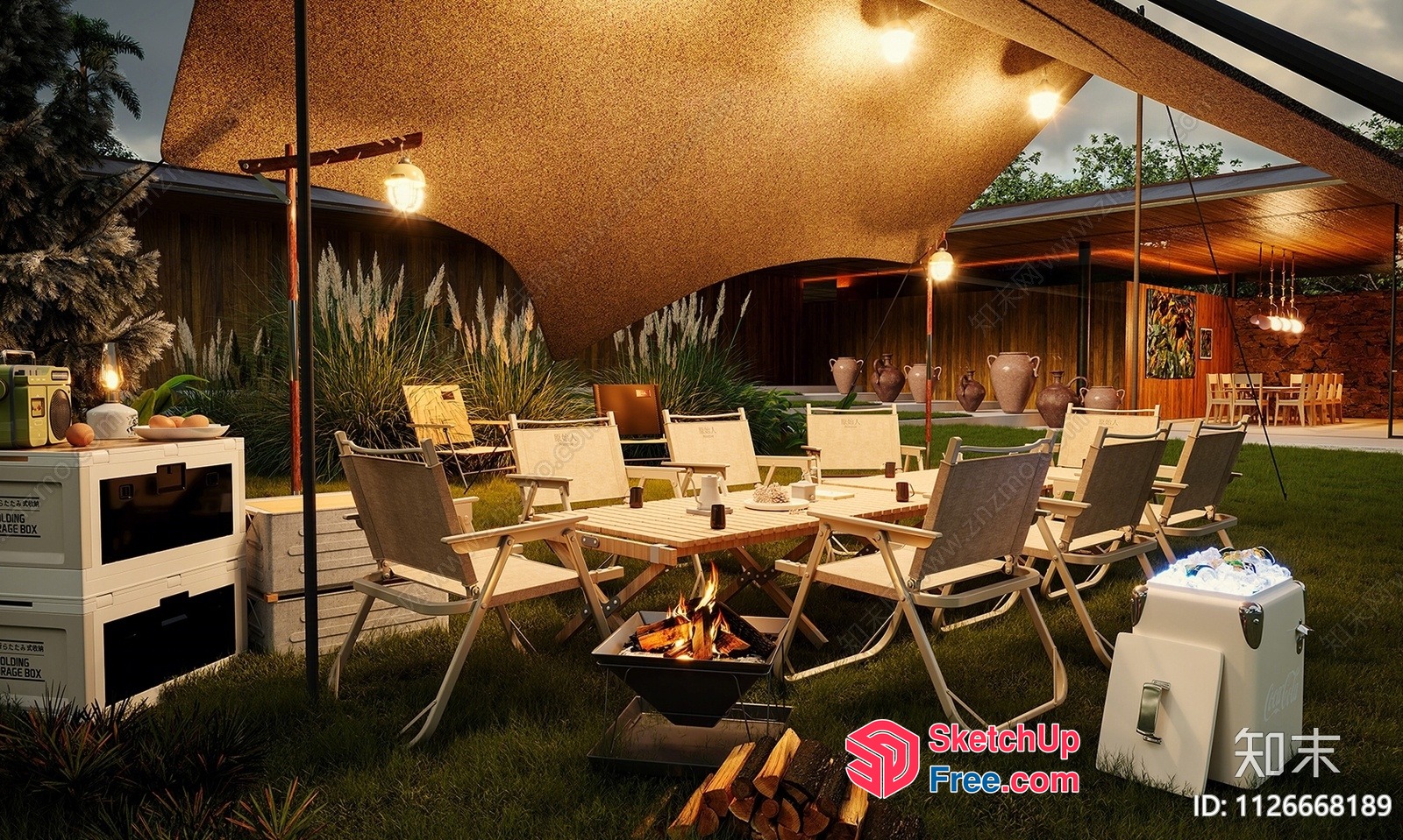 Outdoor Dining Area With Fireplace And Table 3D SketchUp File
