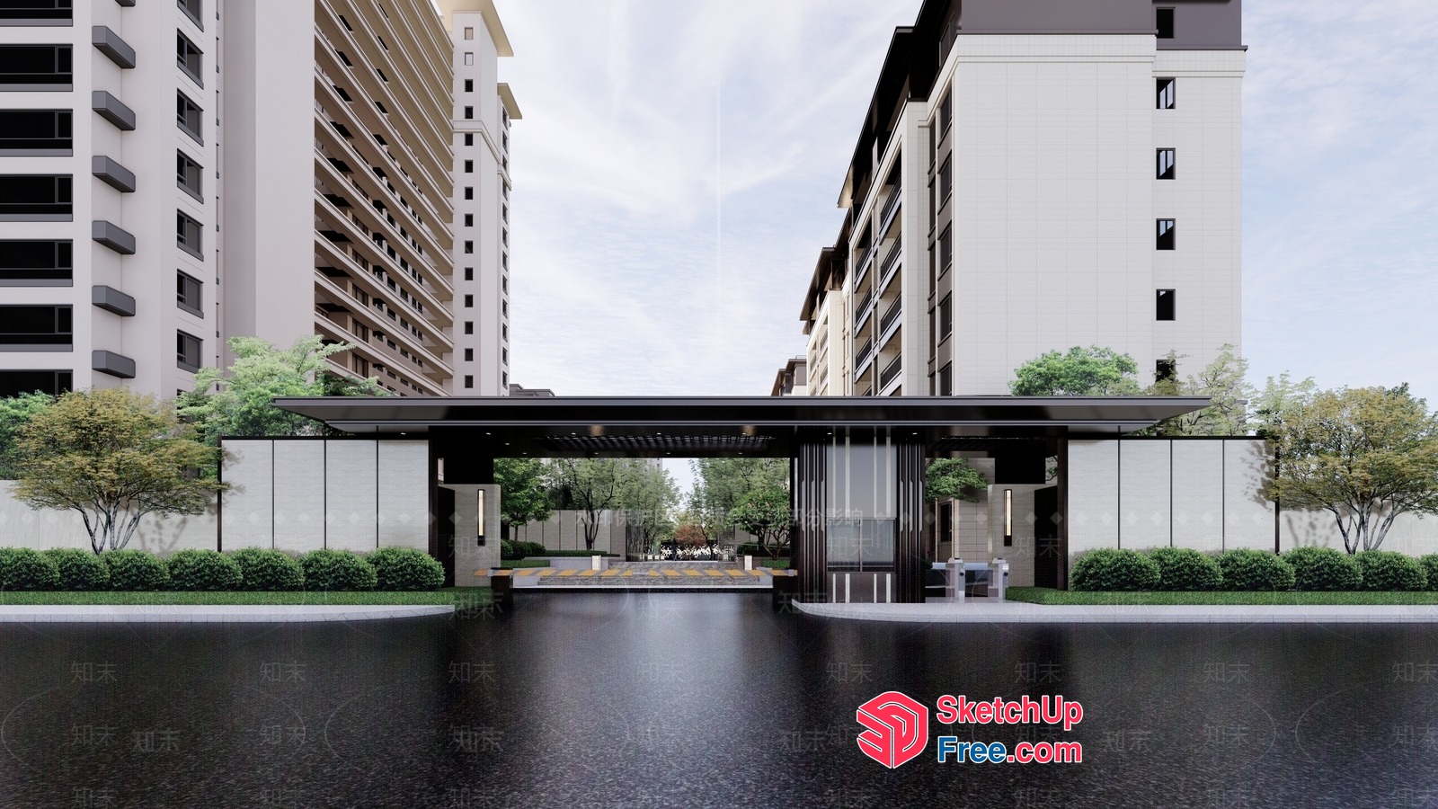 Modern High-Rise Apartment Complex Entrance 3D SketchUp File