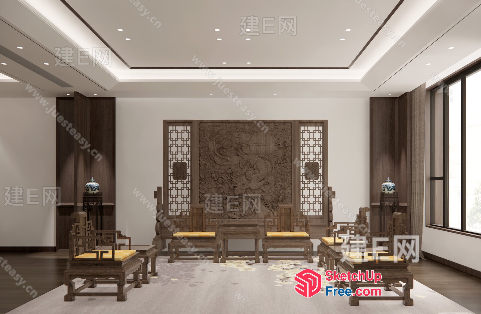 Traditional Chinese-Inspired Interior Design With Carved Wood Accents 3D SketchUp File