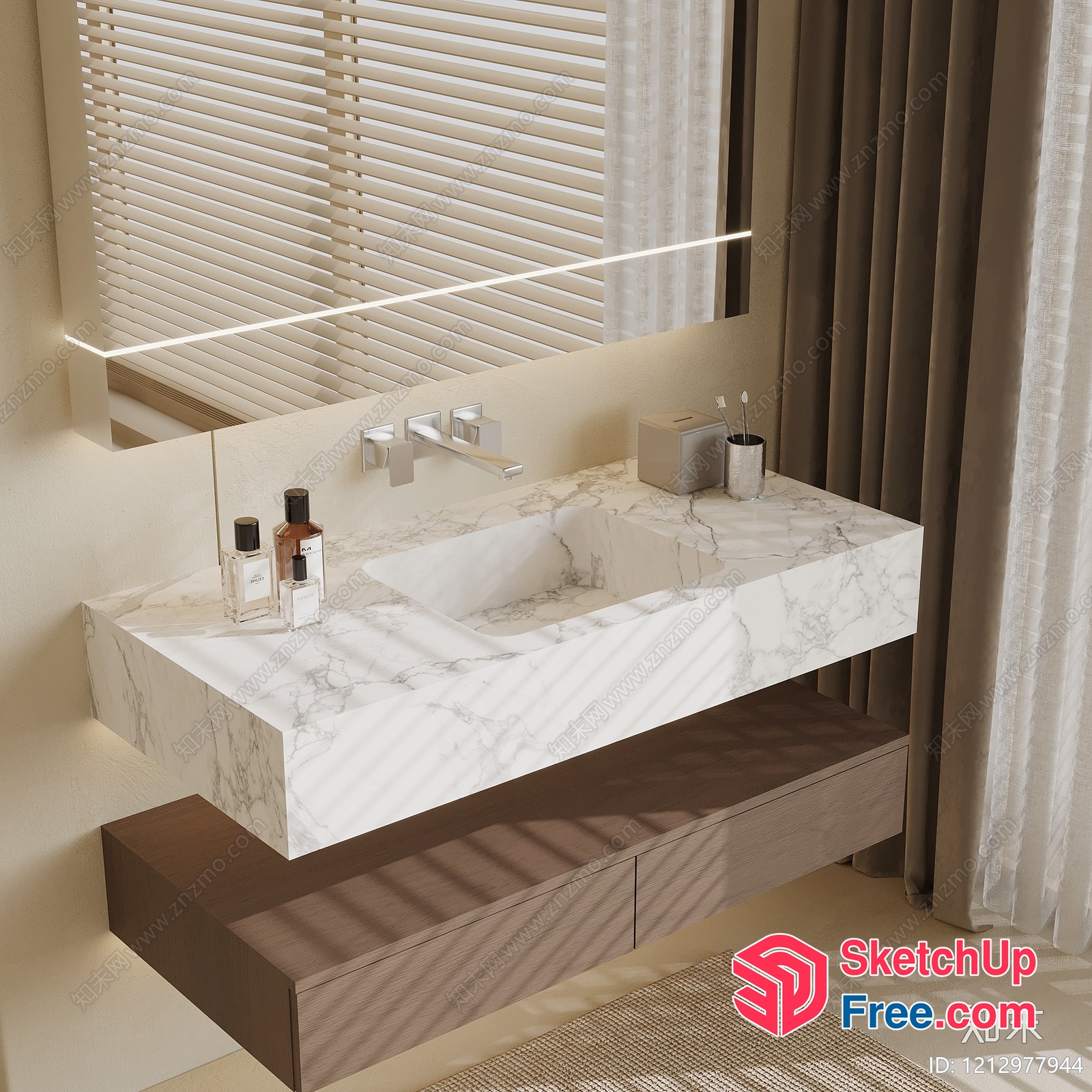 Elegant Modern Bathroom Sink With Marble Countertop And Wooden Staircase 3D SketchUp File