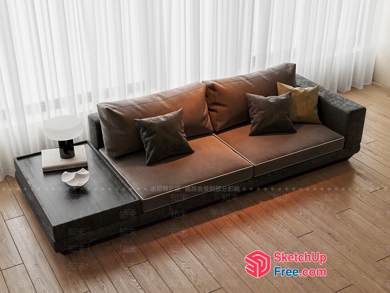 Modern Living Room With Brown Sofa And Wooden Floor 3D SketchUp File