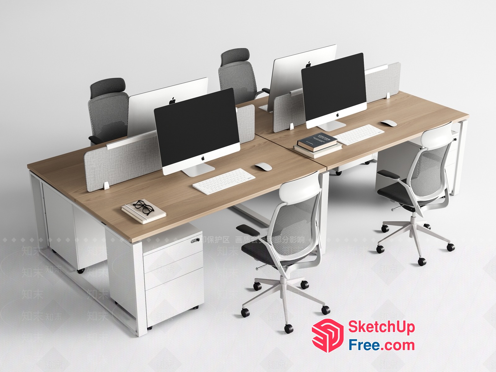Modern Office Workstation With White And Wood Accents 3D SketchUp File