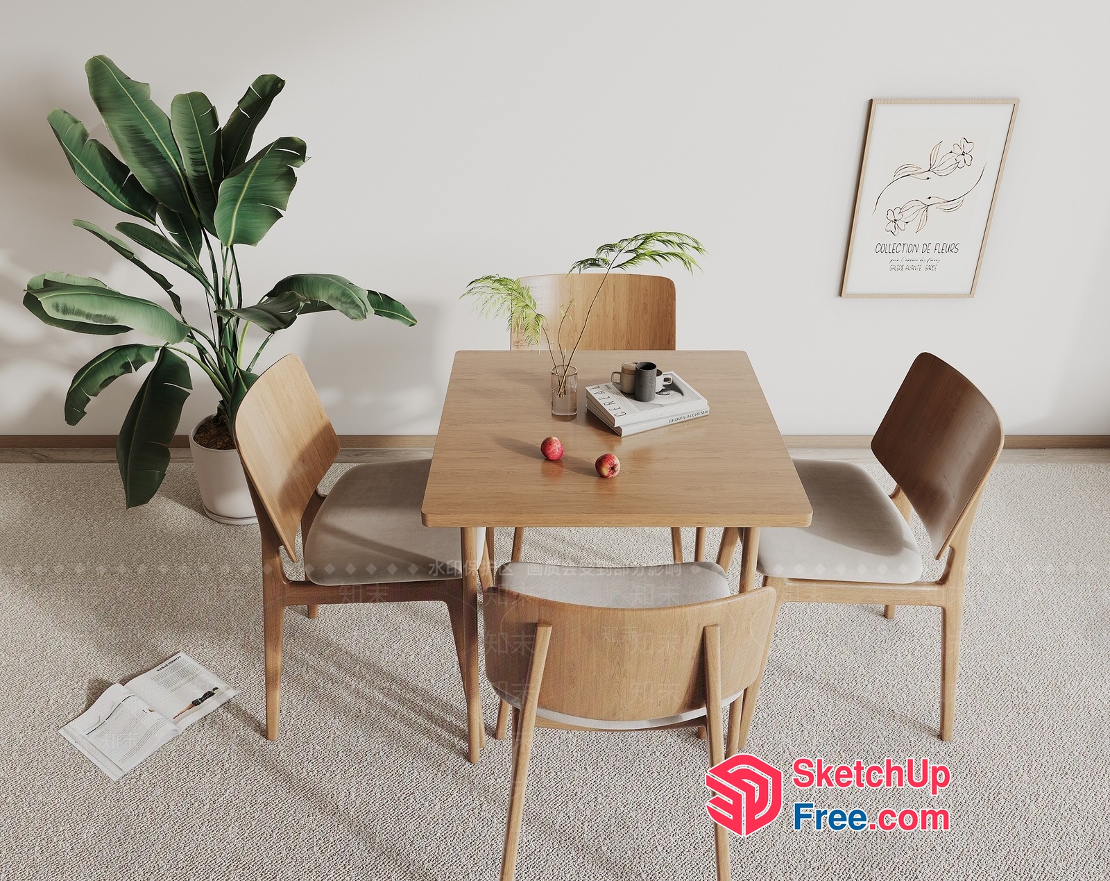 Minimalist Dining Room With Potted Plants And Modern Furniture 3D SketchUp File