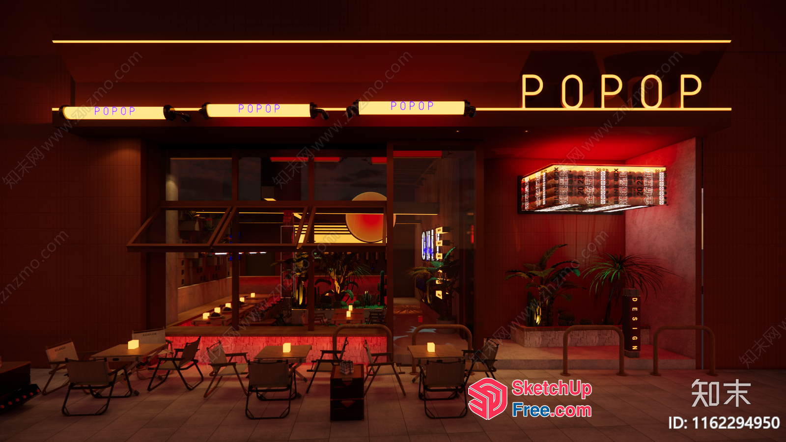 Modern Restaurant Interior With Neon Sign 3D SketchUp File